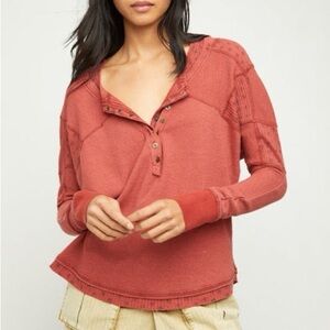 Free People FP Large Heart to Heart Henley Brick‎ Path Waffle Knit Boho Pullover